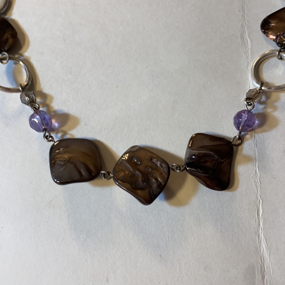 Lia Sophia Necklace 21”w/3”ext Silver Chain w/ Brown Lavender & Blue Beads